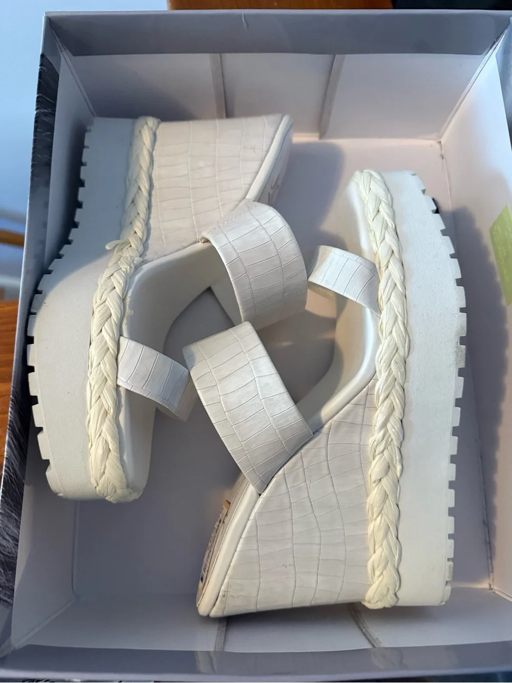 Jennifer Lopez Cream Croc-Embossed Platform Wedge Sandals